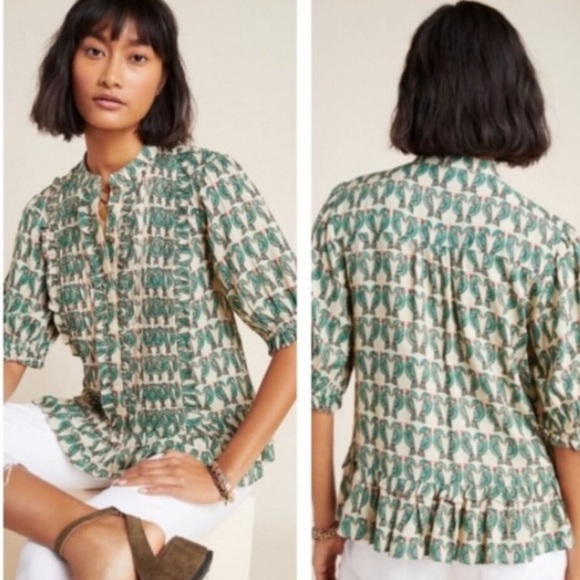 ANTHROPOLOGIE MAEVE Birdie Ruffled Button-down Blouse 6 tropical vacation resort - Picture 6 of 11